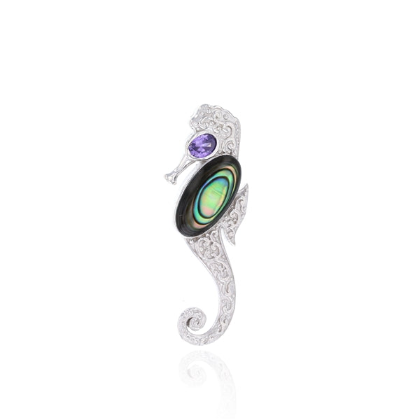 Abalone Oval Seahorse & Oval Amethyst Eyes Pendant