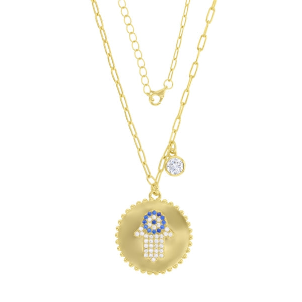 Hamsa Sapphire Round Disc with RD Bezel Necklace