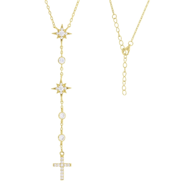 North Stars with Cross and Round Bezel Drop Necklace