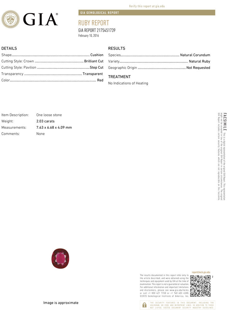 Ruby Cushion GIA Certified Untreated 2.02  cts