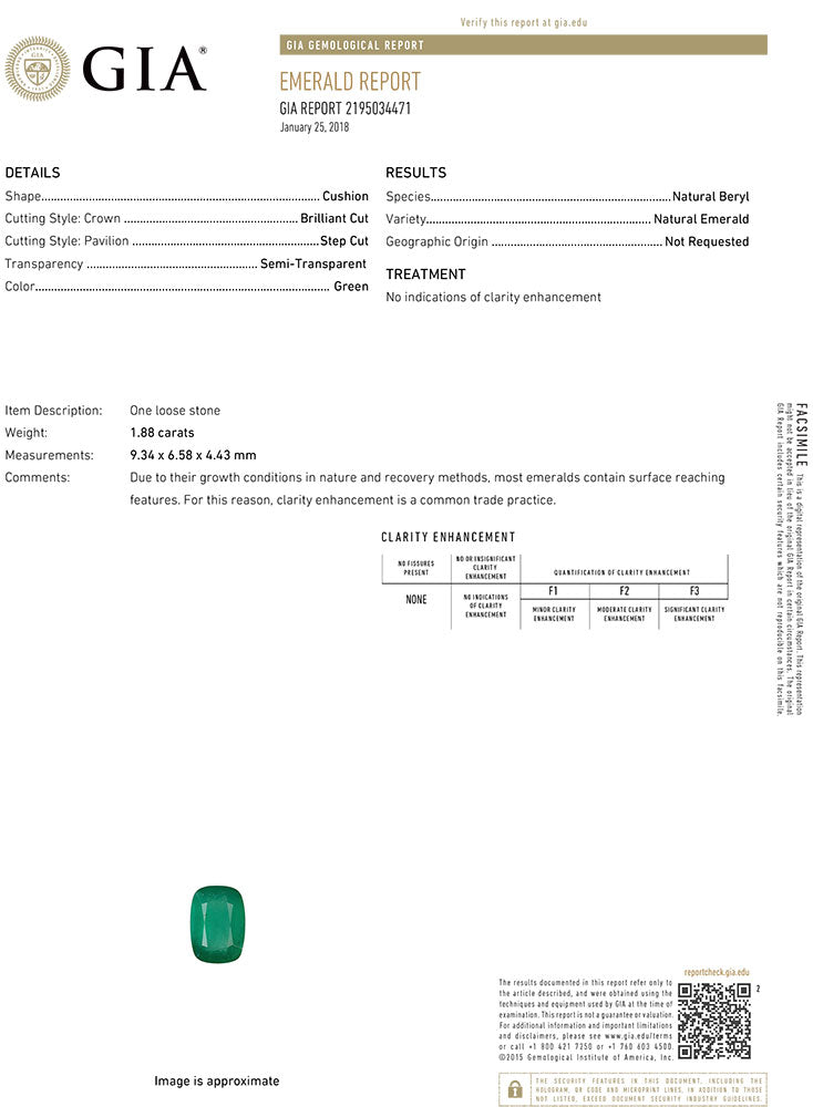 Copy of  Emerald Cushion GIA Certified Untreated 1.87 cts.