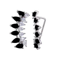 Rhodium Plated Pear Shape Black Climbing Earrings