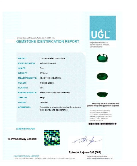 Green Emerald Oval GIA Certified 6.78 cts.