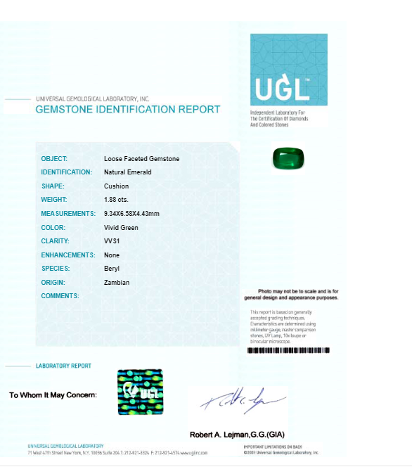 Copy of  Emerald Cushion GIA Certified Untreated 1.87 cts.