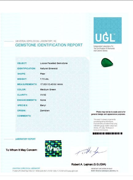 Green Emerald Pear GIA Certified Untreated  7.71 cts.