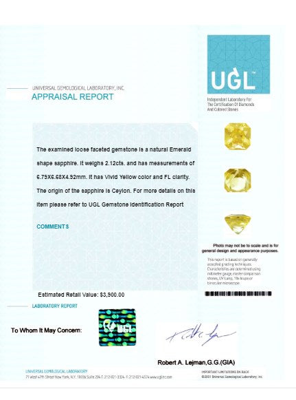 Yellow Sapphire Emerald Cut  2.11 cts.