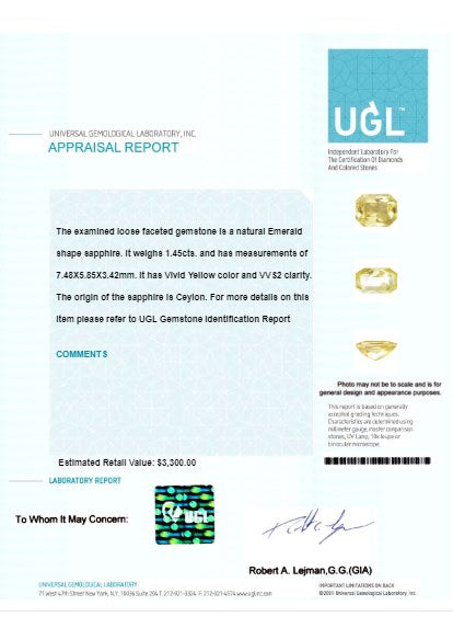 Emerald Cut Yellow Sapphire Untreated 1.44 cts.