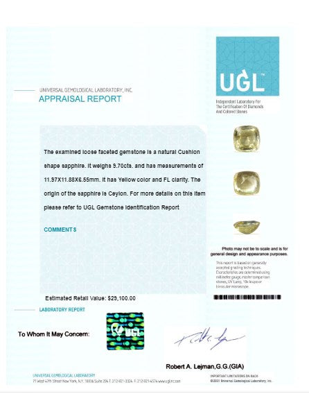 Yellow Sapphire Cushion GIA Certified Untreated 9.69 cts.