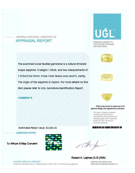 Emerald Cut Yellow Sapphire  Untreated 1.58 cts.