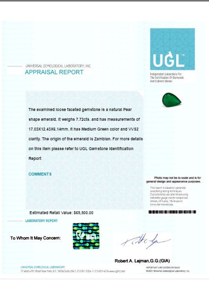 Green Emerald Pear GIA Certified Untreated  7.71 cts.