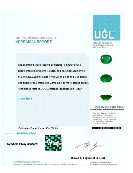 Green Emerald Oval GIA Certified Untreated 4.02 cts.
