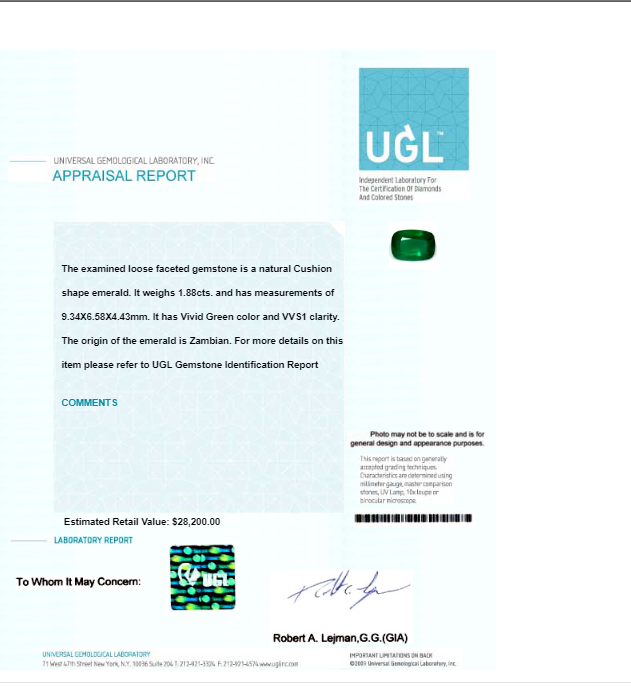 Copy of  Emerald Cushion GIA Certified Untreated 1.87 cts.