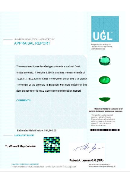 Green Emerald Oval GIA Certified 8.37 cts.