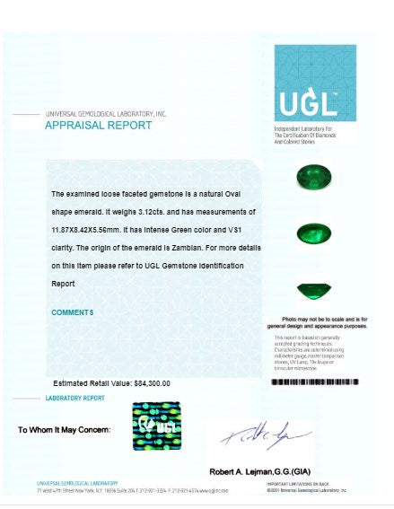 Green Emerald Oval GIA Certified Untreated 3.11 cts.