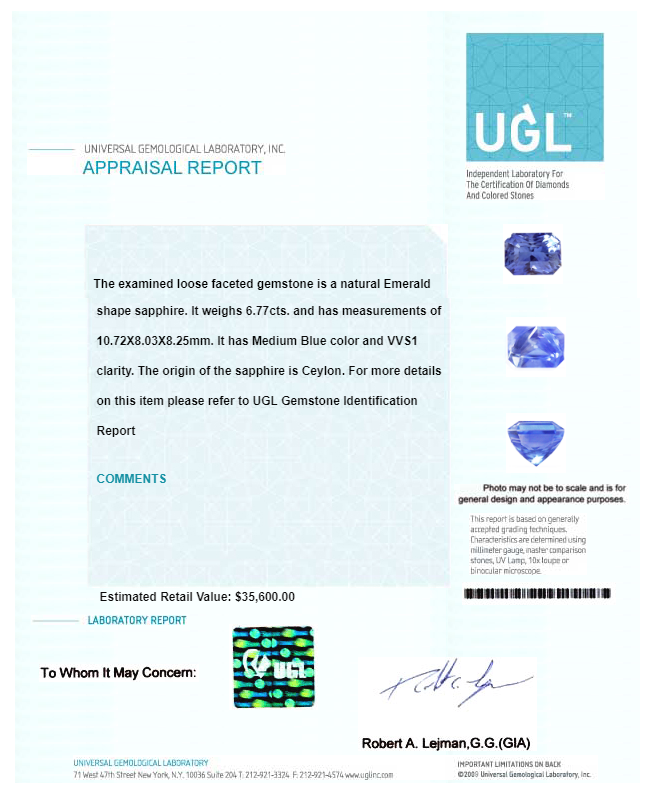 BLUE SAPPHIRE GIA Certified 6.76 cts. Emerald Cut