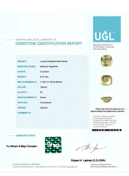 Yellow Sapphire Cushion GIA Certified Untreated 9.69 cts.