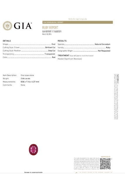 Ruby  Oval GIA Certified 2.65 cts.