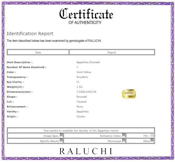 Yellow Sapphire Emerald Cut Untreated  1.52cts.